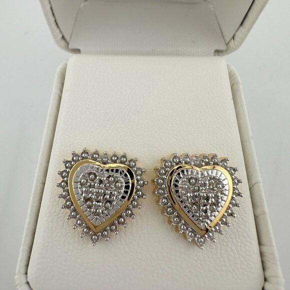 Two Tone Diamond Heart Stud Earrings in Sterling with 14 kt Gold Overlay - Picture 12 of 15